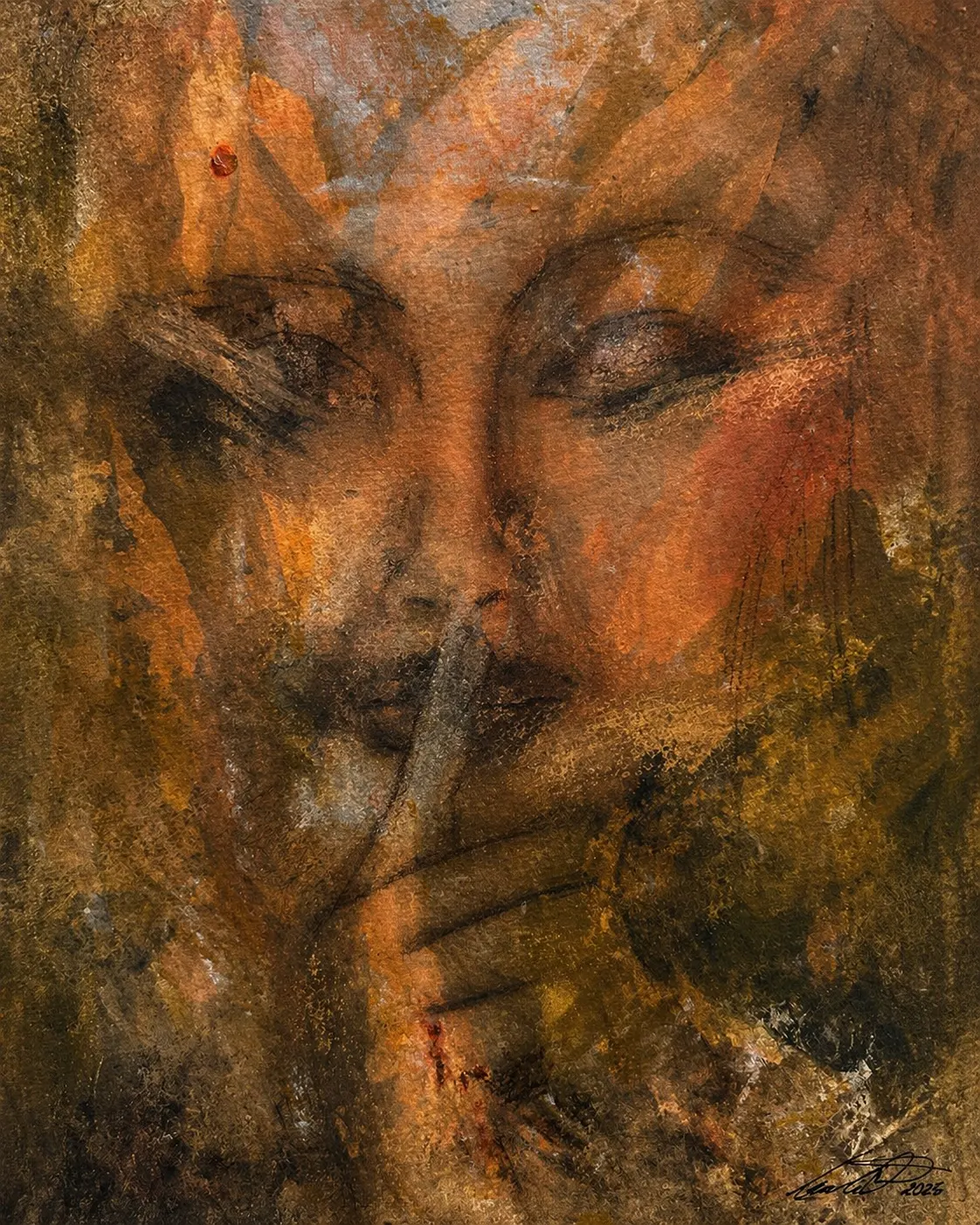 Akvarell DreamLover 3 Orginal akvarell, kol/watercolors, drawn in charcoal av Cecilia Larsdotter