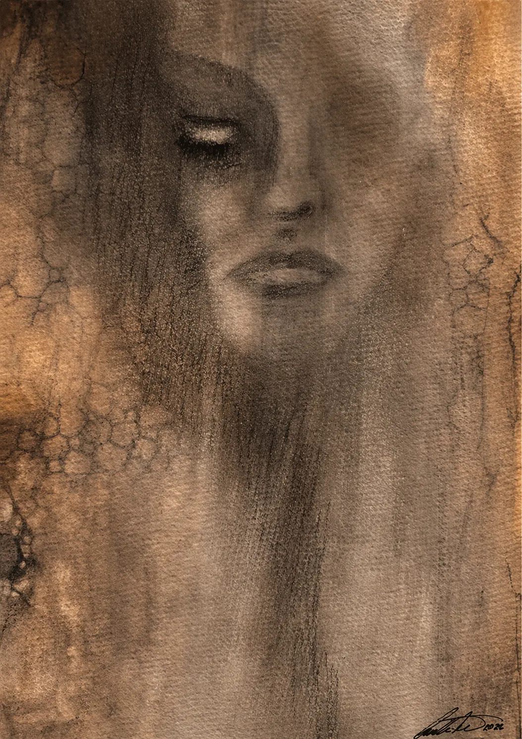 Akvarell DreamLover 4 Orginal akvarell, kol/watercolors, drawn in charcoal av Cecilia Larsdotter