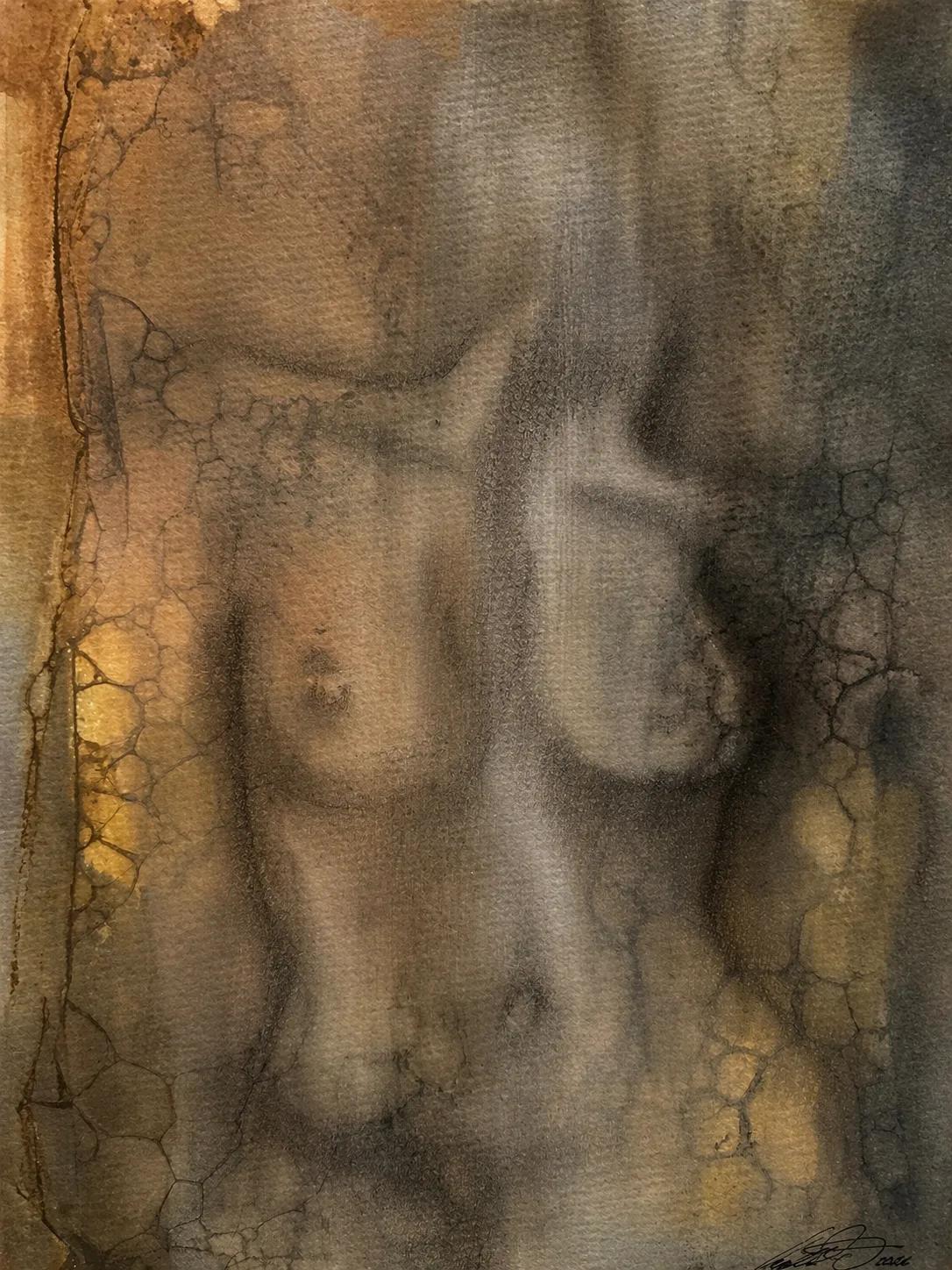 Akvarell DreamLover 6 Orginal akvarell, kol/watercolors, drawn in charcoal av Cecilia Larsdotter