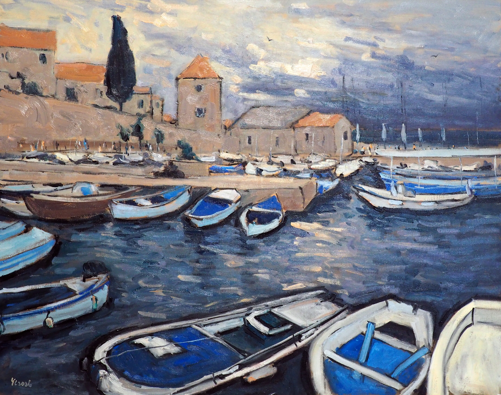 Oljemålning Hamn vid skymning av Yuanyuan Liu