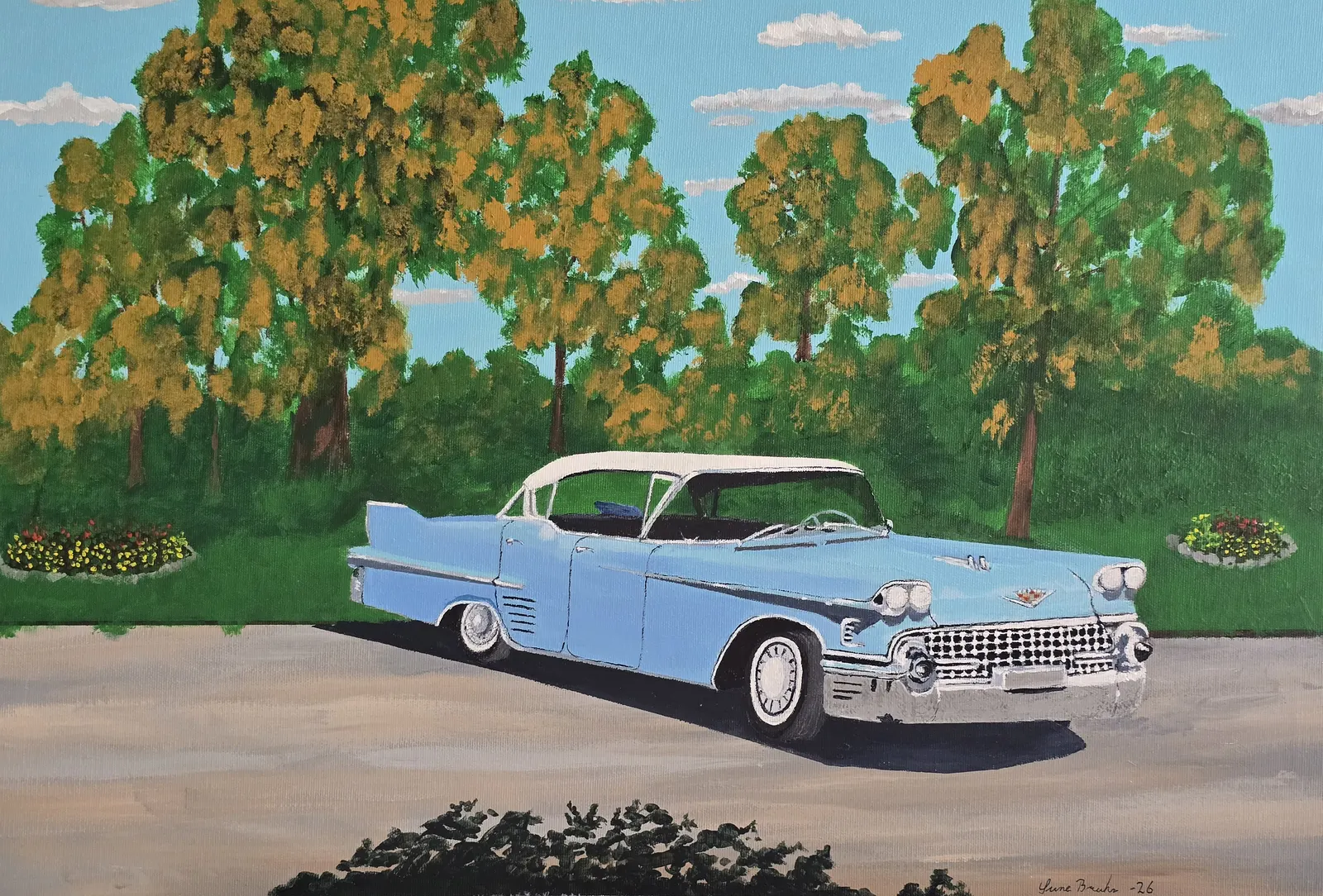 Akrylmålning Himmelsblå cadillac av Sune Bruhn