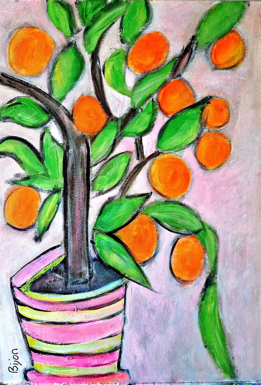 Akrylmålning Apelsinträd av Birgitta Jonsson Bijon Art