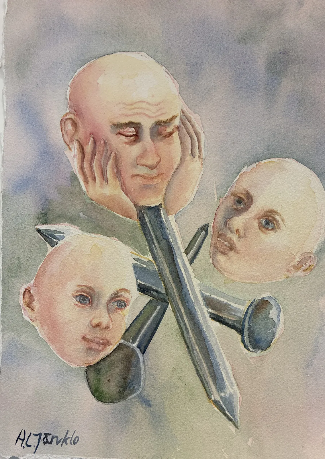 Akvarell Huvudet på en spik av Ann-Louise Järvklo