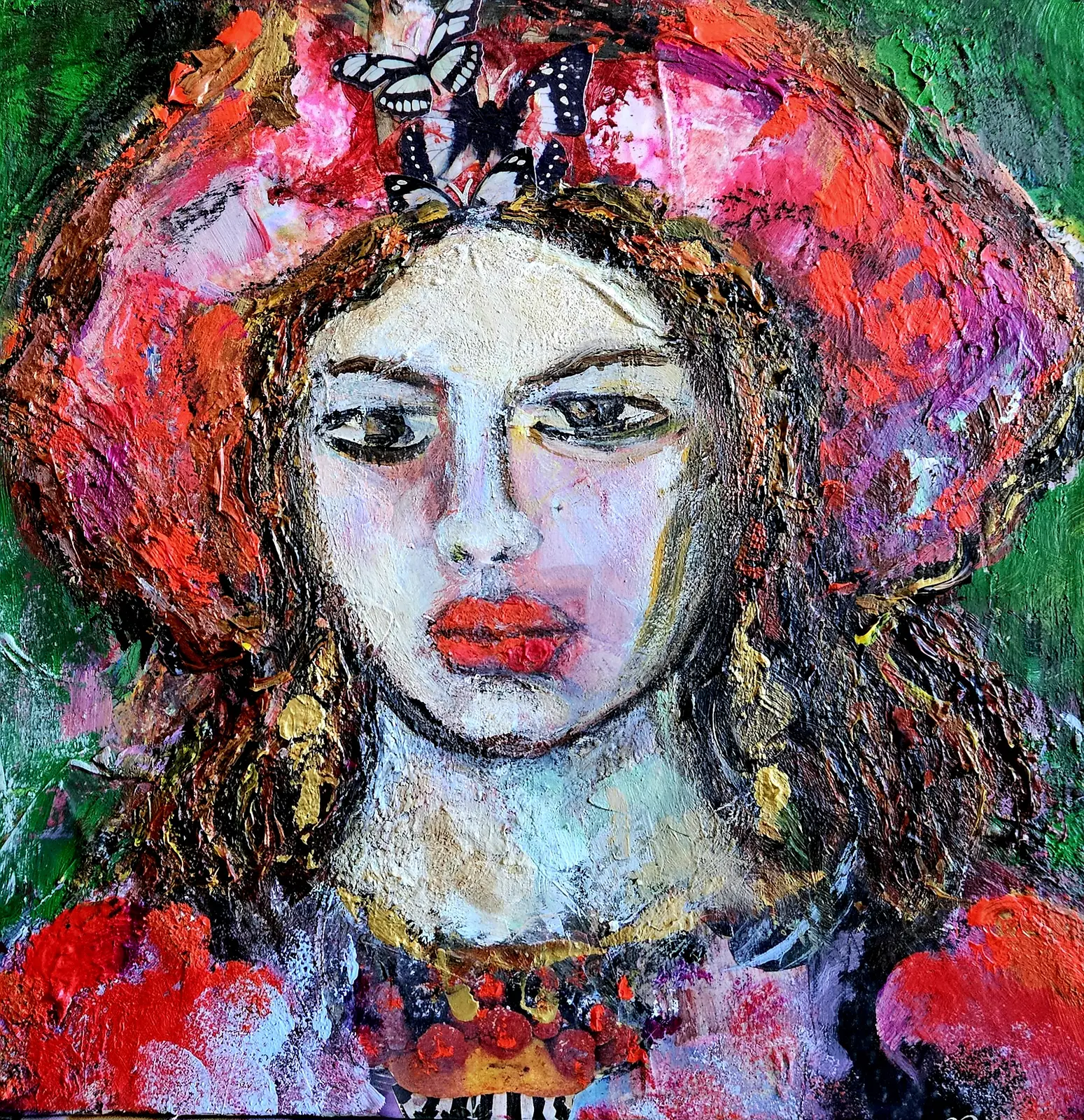 Akrylmålning Flickan i rött. Akryl-Mixed Media på duk. av Marta Monguillot