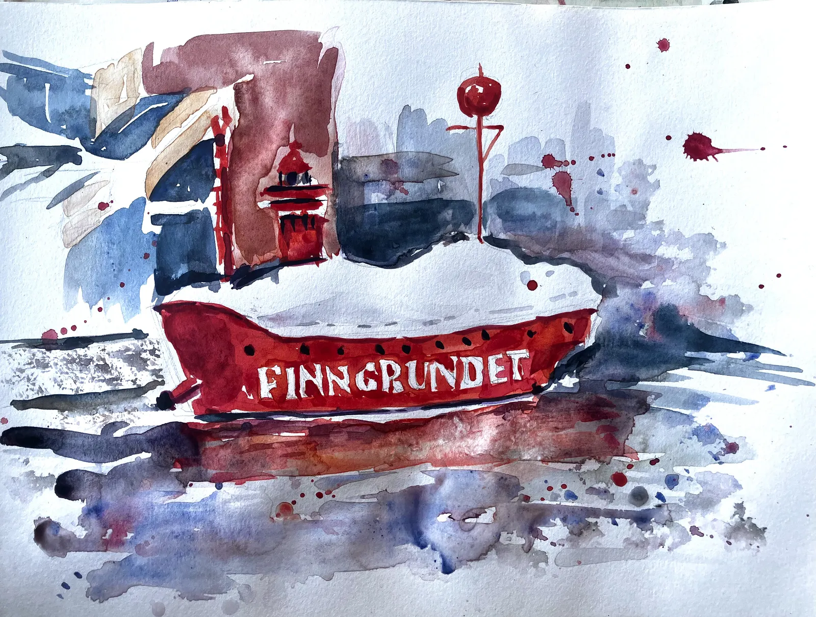 Akvarell Finngrundet i Stockholms hamn av Olesia Volkova