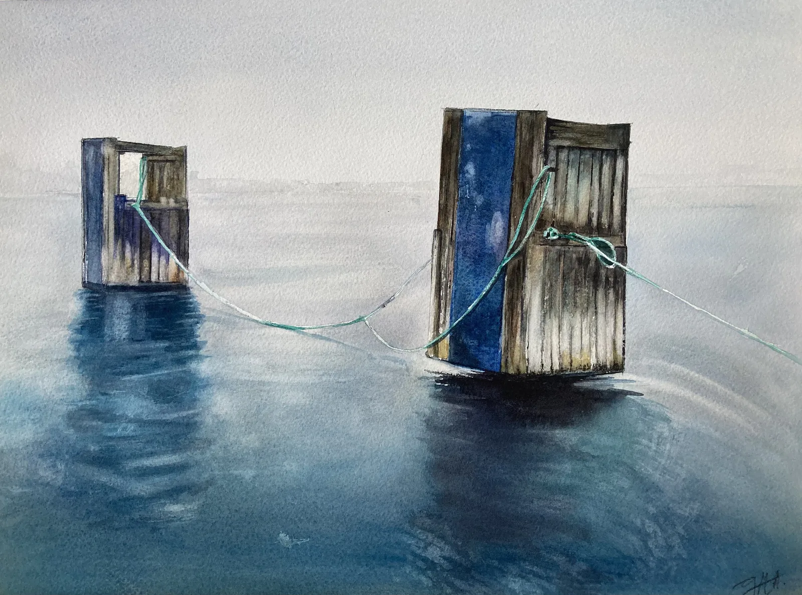 Akvarell I väntan på båtarna av Gabriela Mayoral