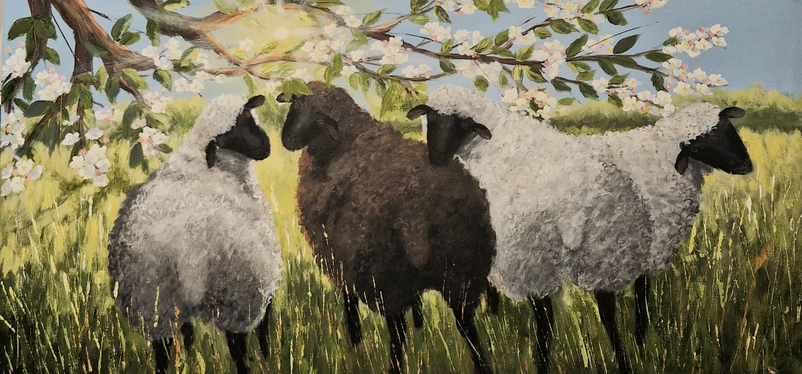 Akrylmålning Äppelblom och fågelsång av Mona Reimer