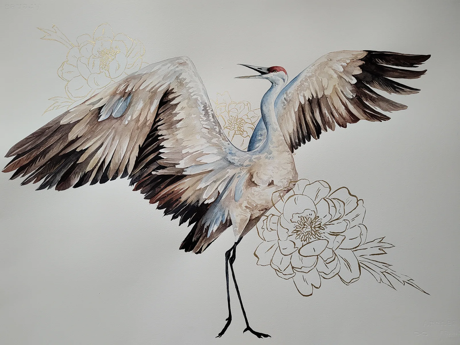 Akvarell Trana med blommor av Tove Y