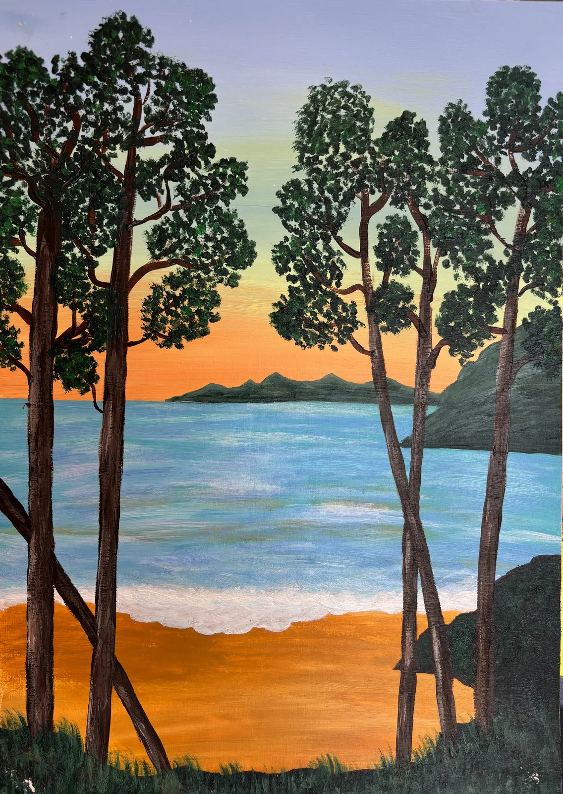 Akrylmålning Strandlandskap vid solnedgång. av Dusica Janicijevic