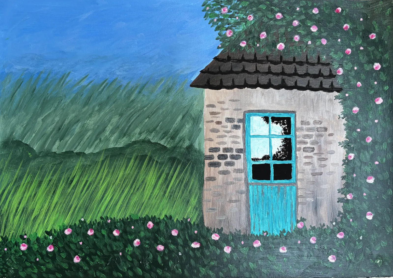 Akrylmålning Landskap under en klarblå himmel av Dusica Janicijevic