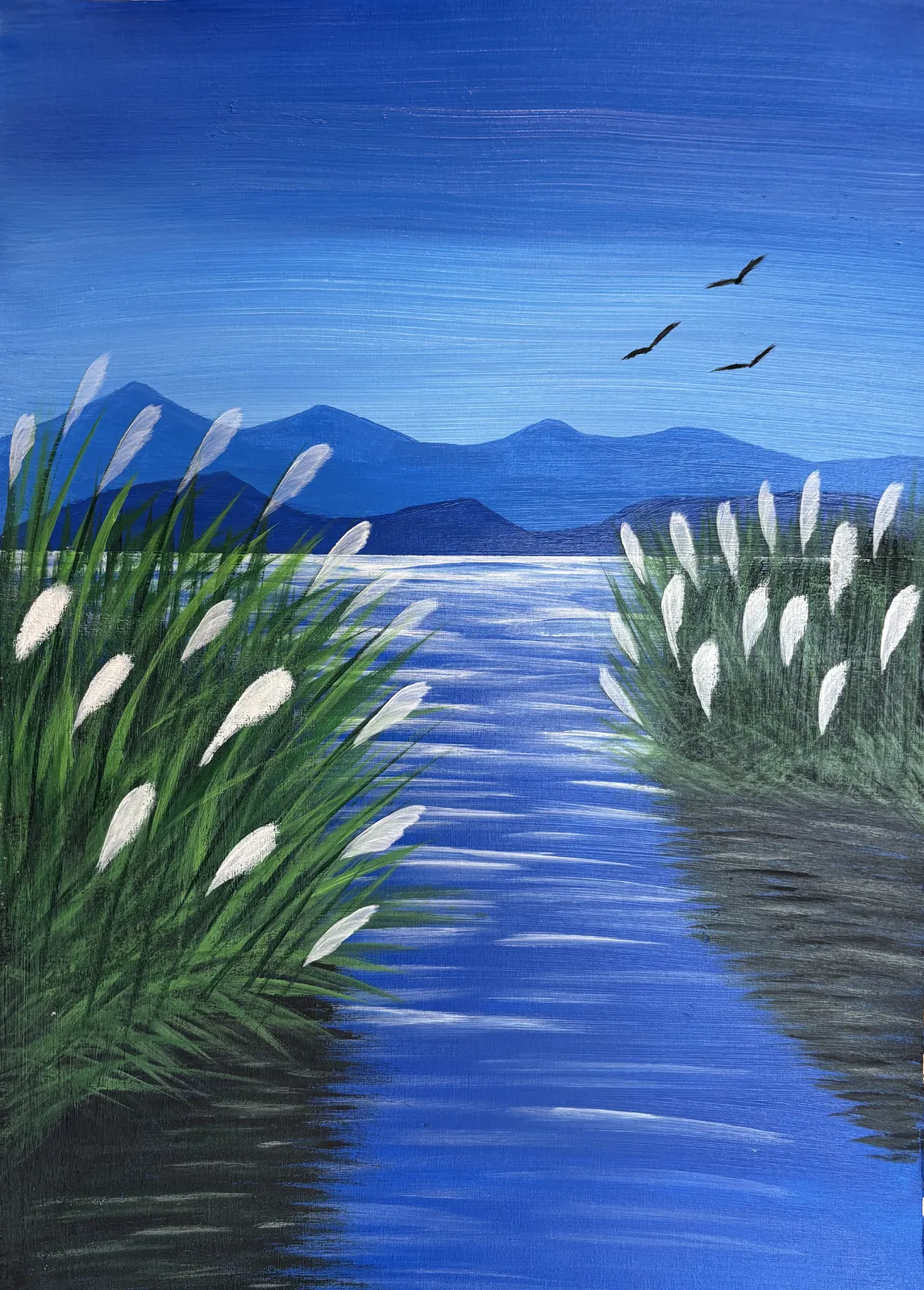 Akrylmålning Landskapsmålning som avbildar en lugn naturscen av Dusica Janicijevic