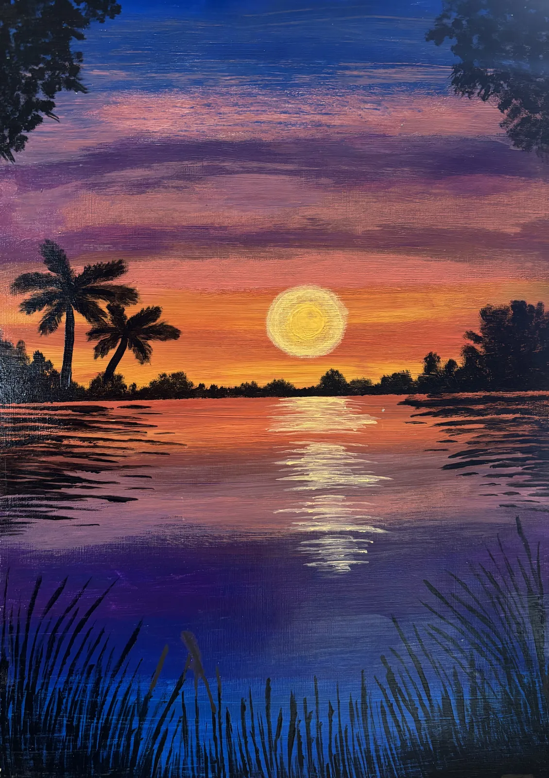 Akrylmålning Solnedgång över en lugn vattenyta av Dusica Janicijevic