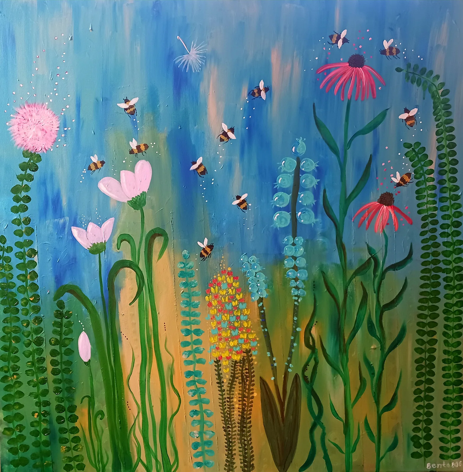 Akrylmålning Humlornas fest av Bente Mellquist Danielson