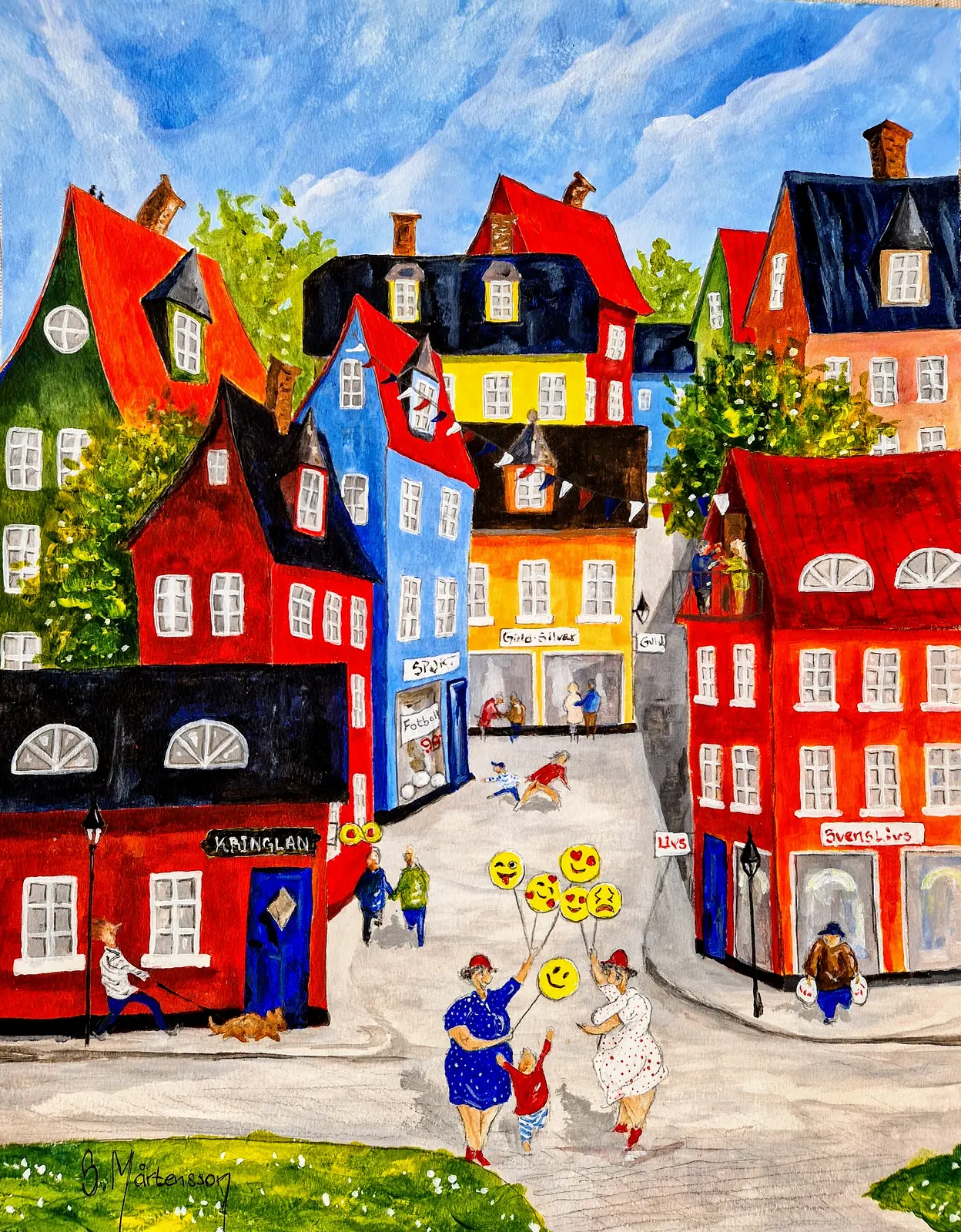 Akrylmålning Ines o Hjördis i lilla byn av Stefan Mårtensson