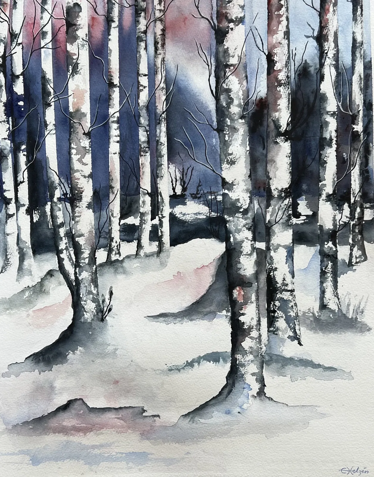 Akvarell Bjorkskog i vinterskrud av Ewa Helzen