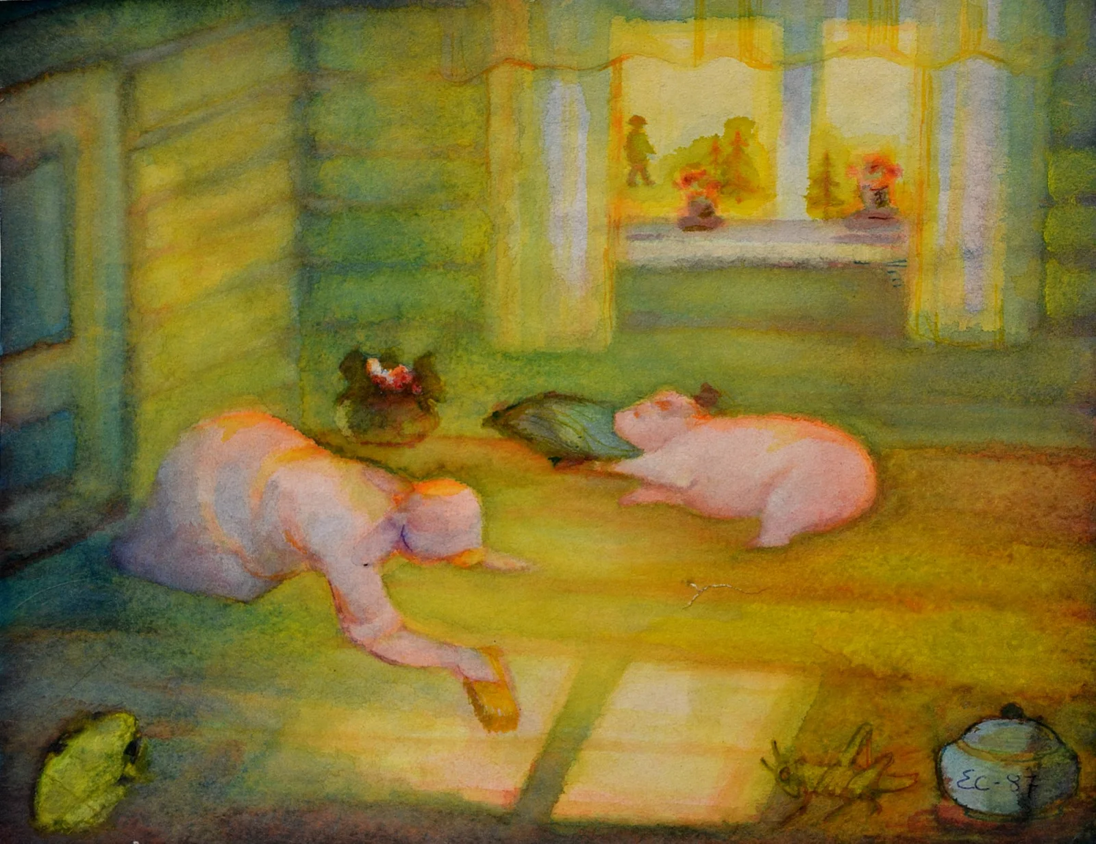 Akvarell Gumman Greta gnor och gnetar , grisen grymtar , gubben går av Eva Carty