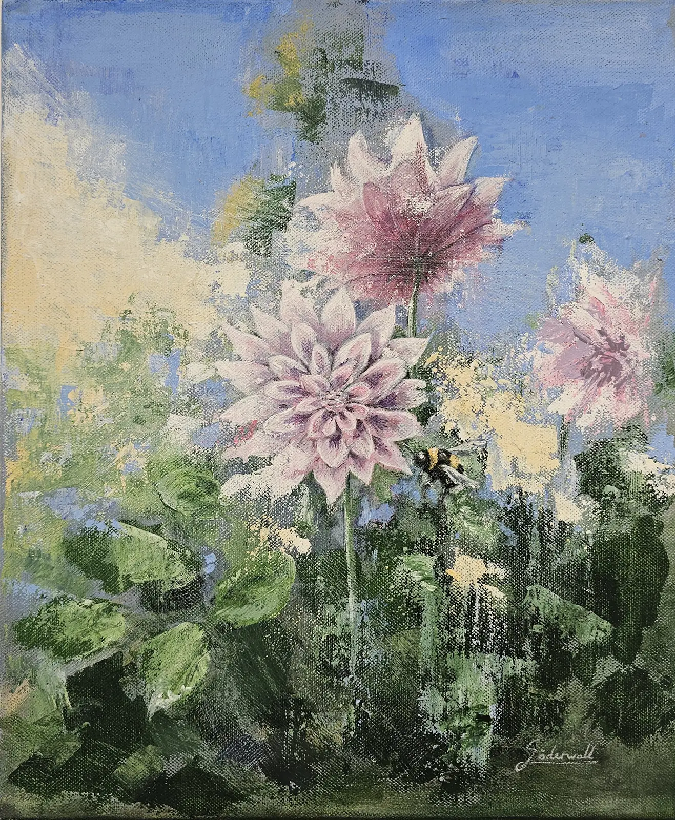 Akrylmålning Humlan och dahlian av Miikka Söderwall