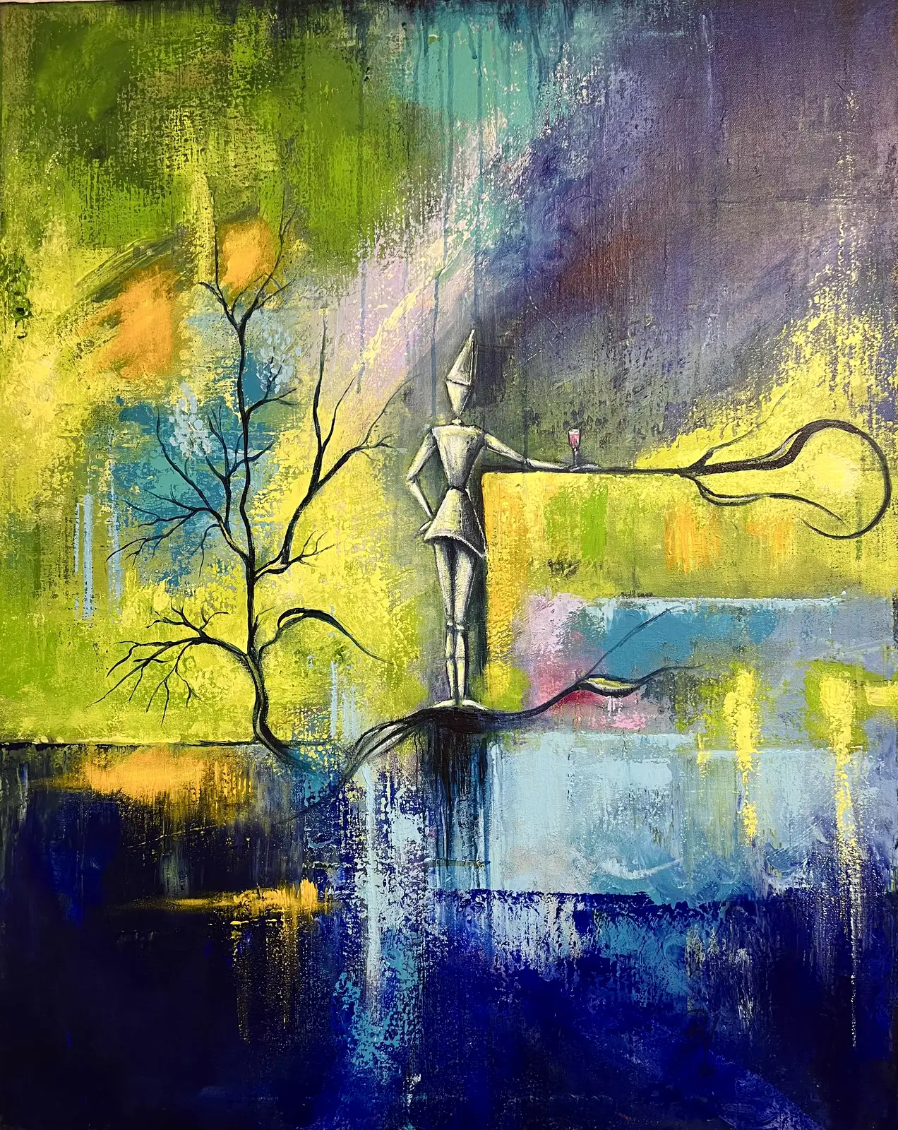 Akrylmålning Väntan i baren av Pirkko Mikkonen