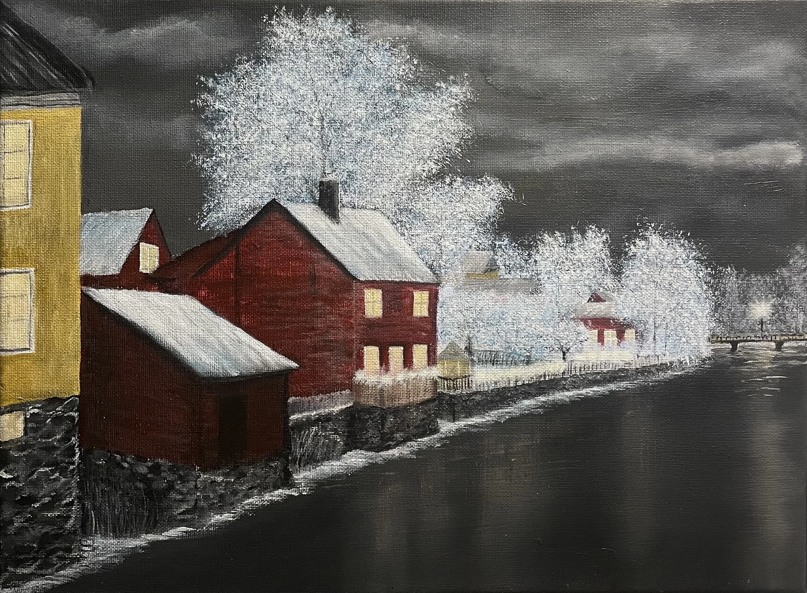 Akrylmålning Arboga ån i vinter natt av Annika Handfast