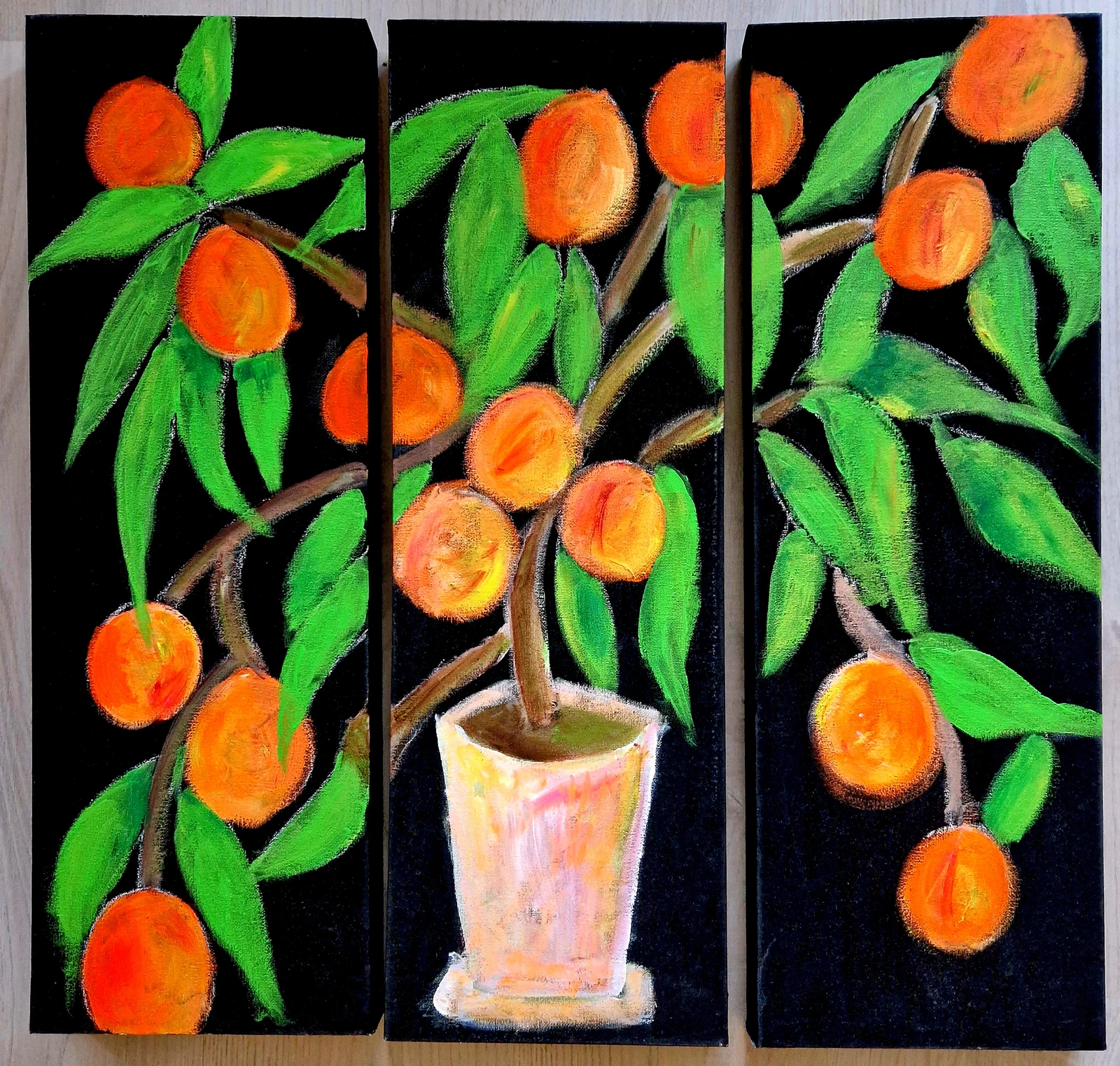 Akrylmålning Persikorna (triptyk) av Birgitta Jonsson Bijon Art