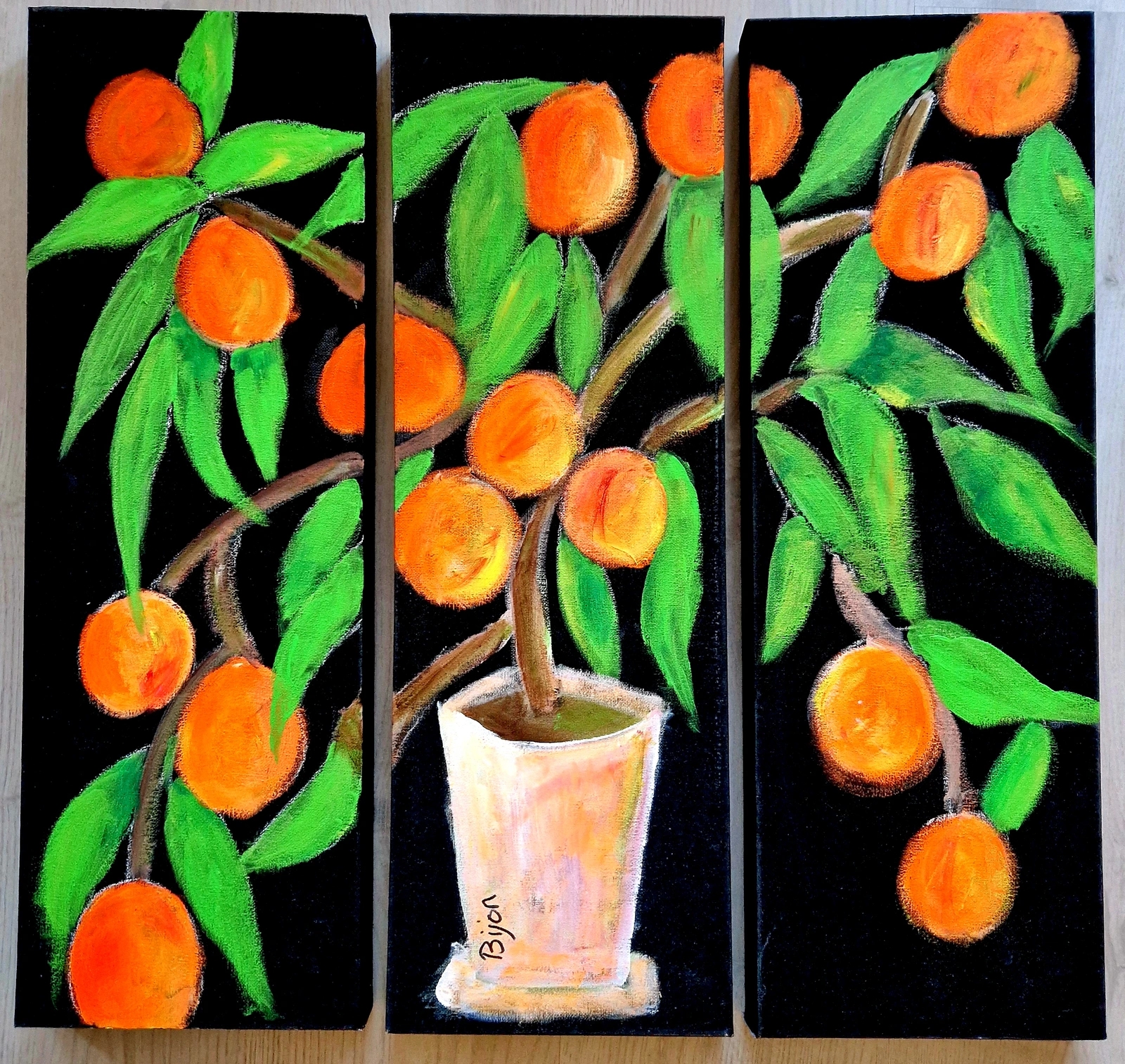 Akrylmålning Persikorna (triptyk) av Birgitta Jonsson Bijon Art