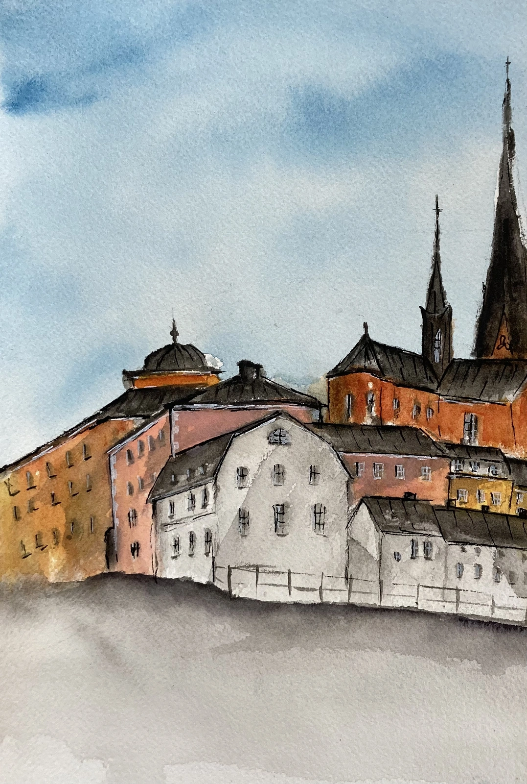 Akvarell GAMLA TORGET III av Rose-Marie Lyckebrant-Lindqvist