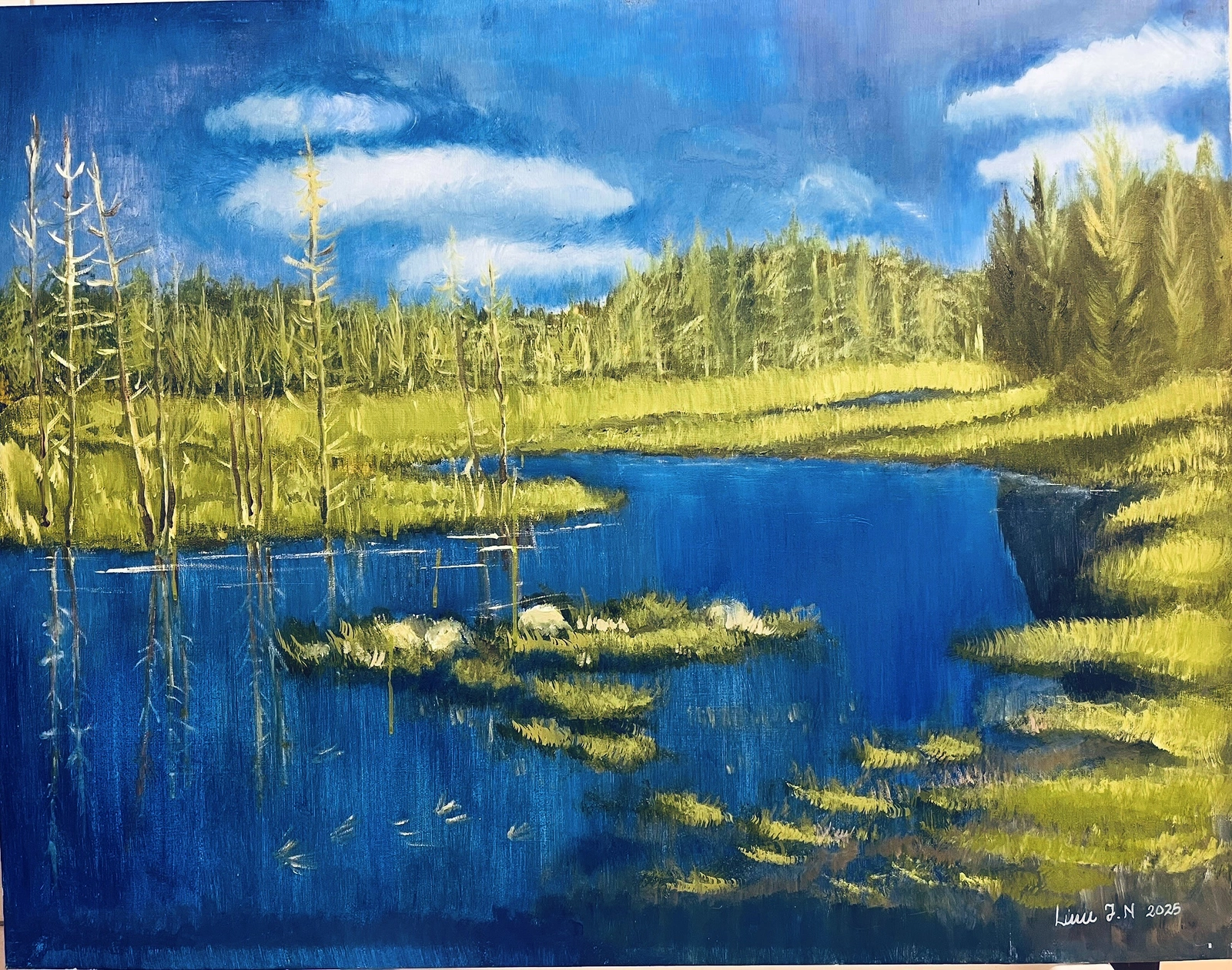 Oljemålning Sjö och skogen av Linn Ngo