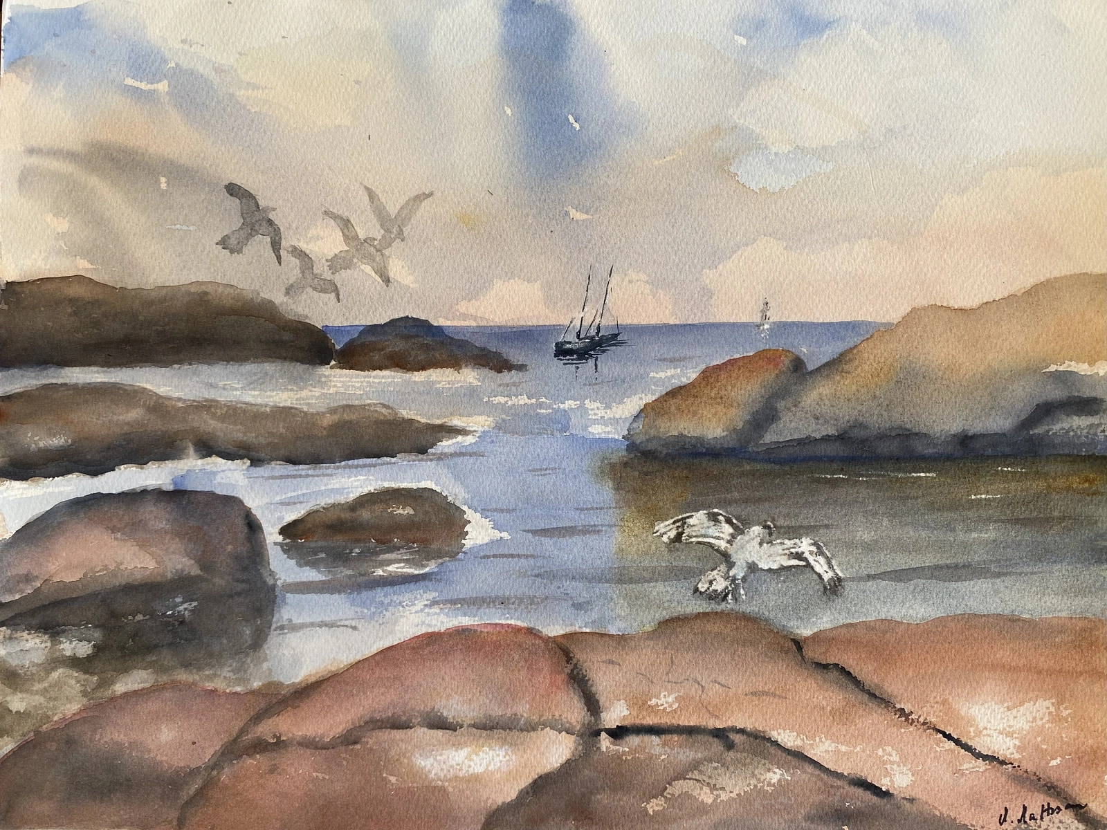 Akvarell En fyr i fjärran av Margareta Mattsson