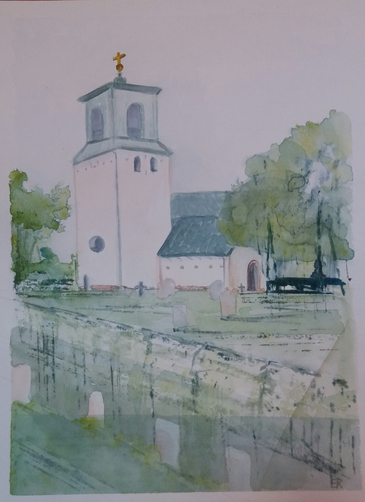 Akvarell Spånga Kyrka av Ewa Rönnberg