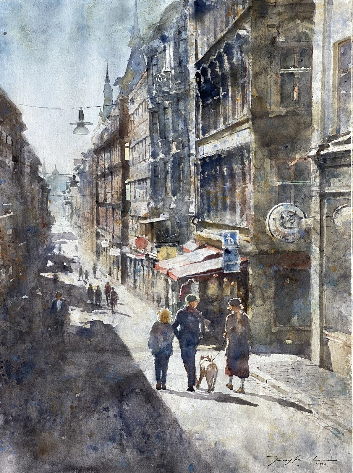 Akvarell Ljus o skugga. Nedför Drottninggatan Stockholm av Jony Eriksson