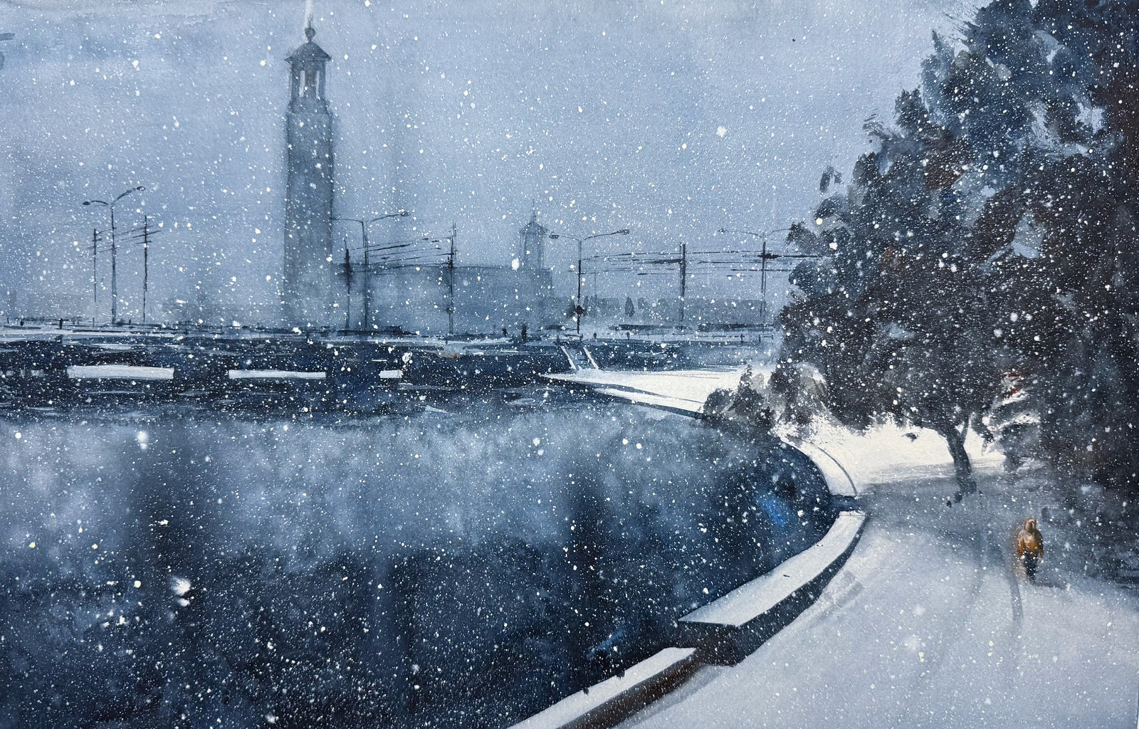 Akvarell Vinter i Stockholm av Ola Gustafsson