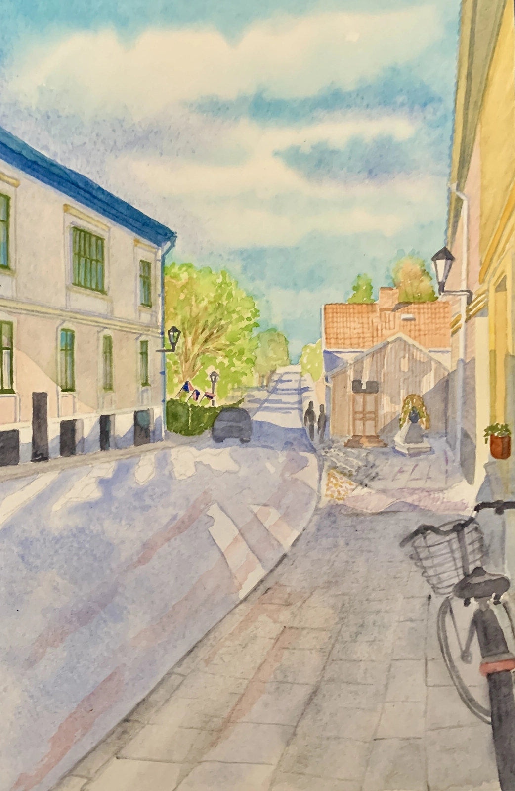 Akvarell Hamngatan i skugga av Nina Gillbo