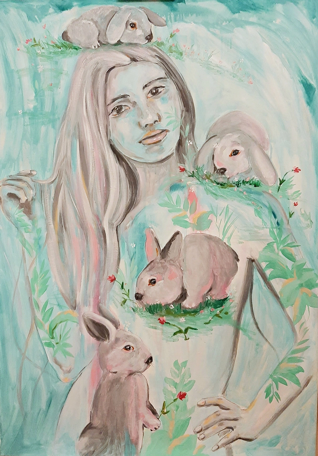Oljemålning The rabbit's dream av Judith Miró Rodriguez