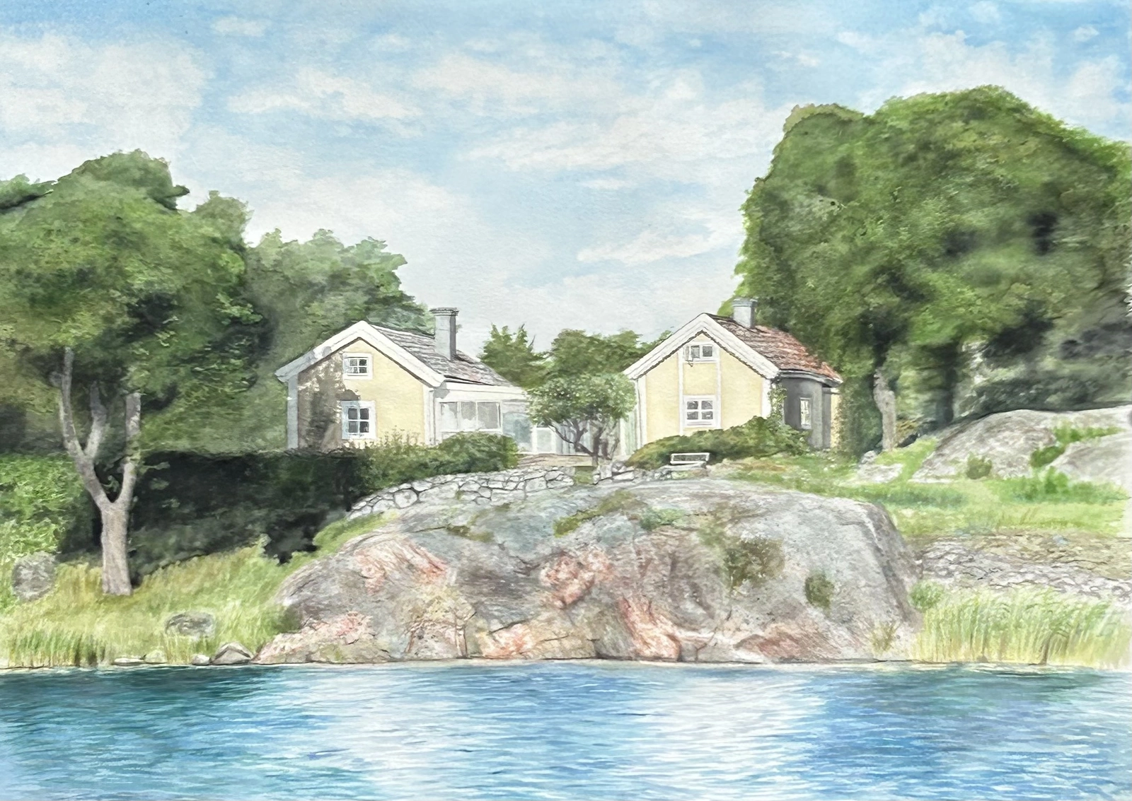 Akvarell Gamla Arkösund av Linnea Andersson