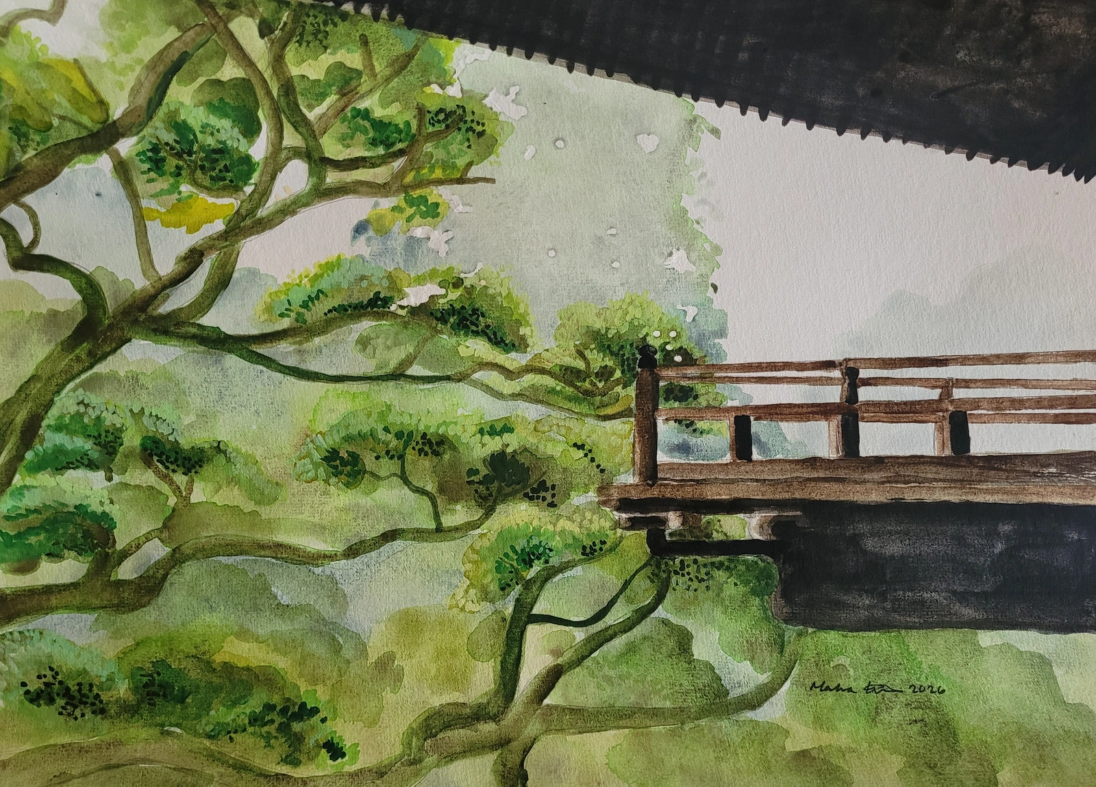 Akvarell Himeji, Mt Shosha av Malva Forslin