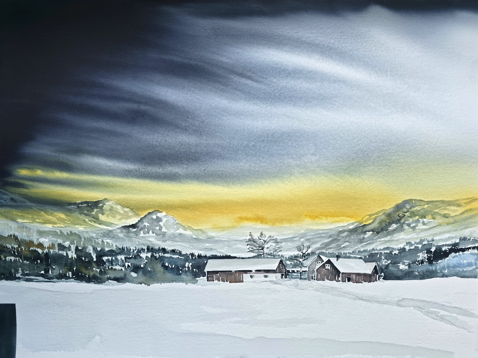 Akvarell Hus i fjälland av Daniel Zausnig