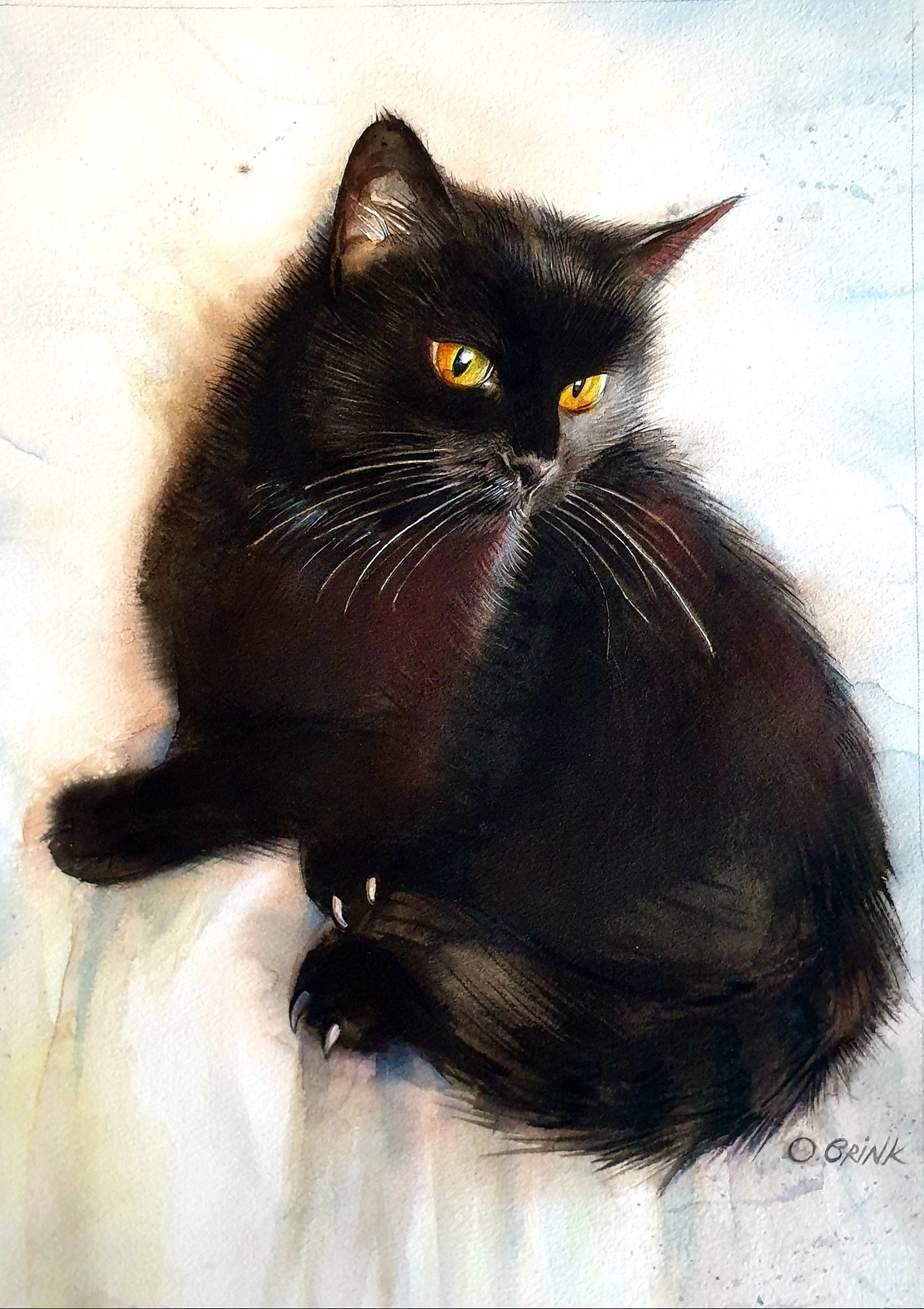 Akvarell Black Cat (inramad) av Olga Brink Art
