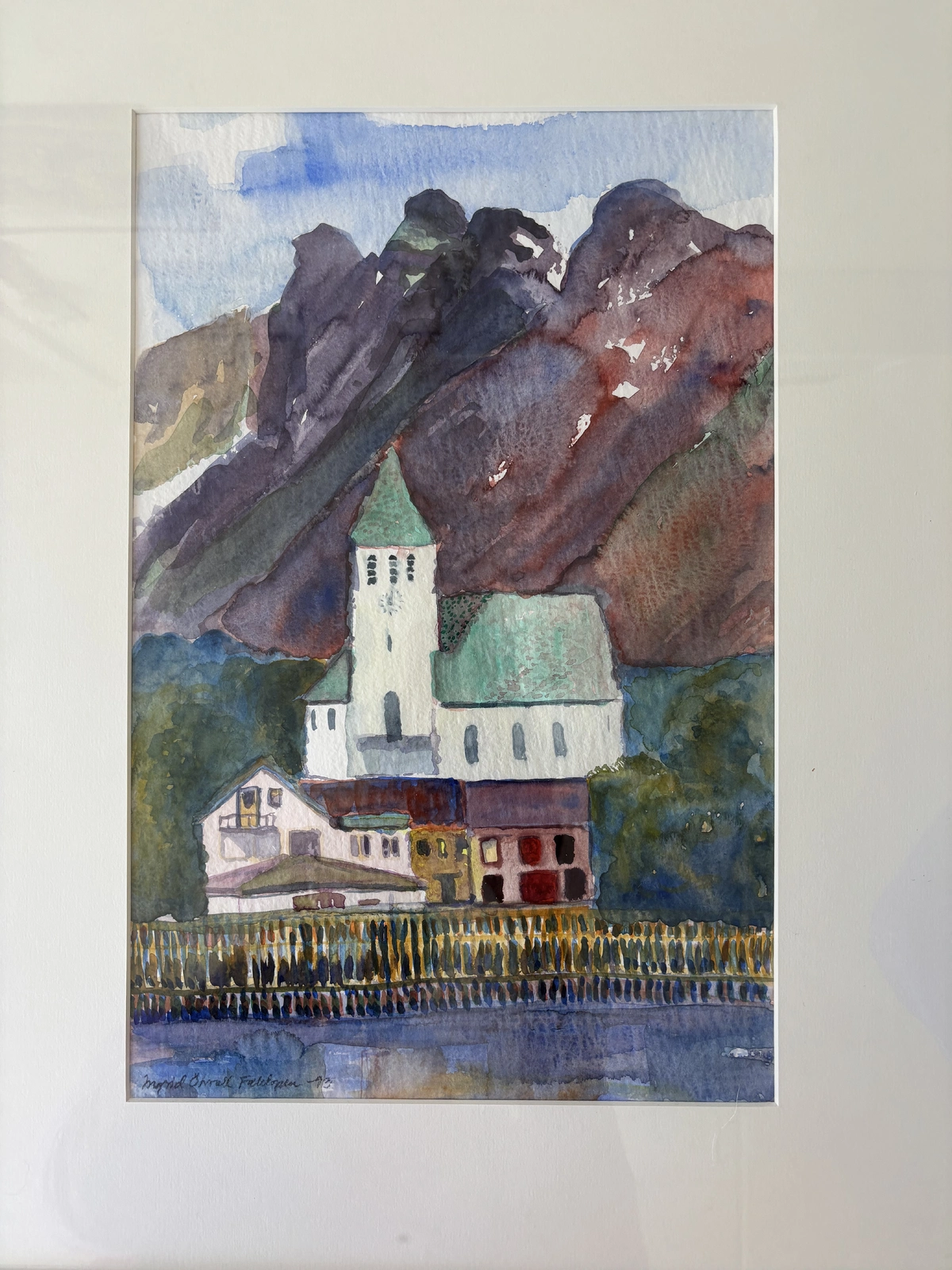 Akvarell Svolvær kyrka av Ingrid Stenbeck