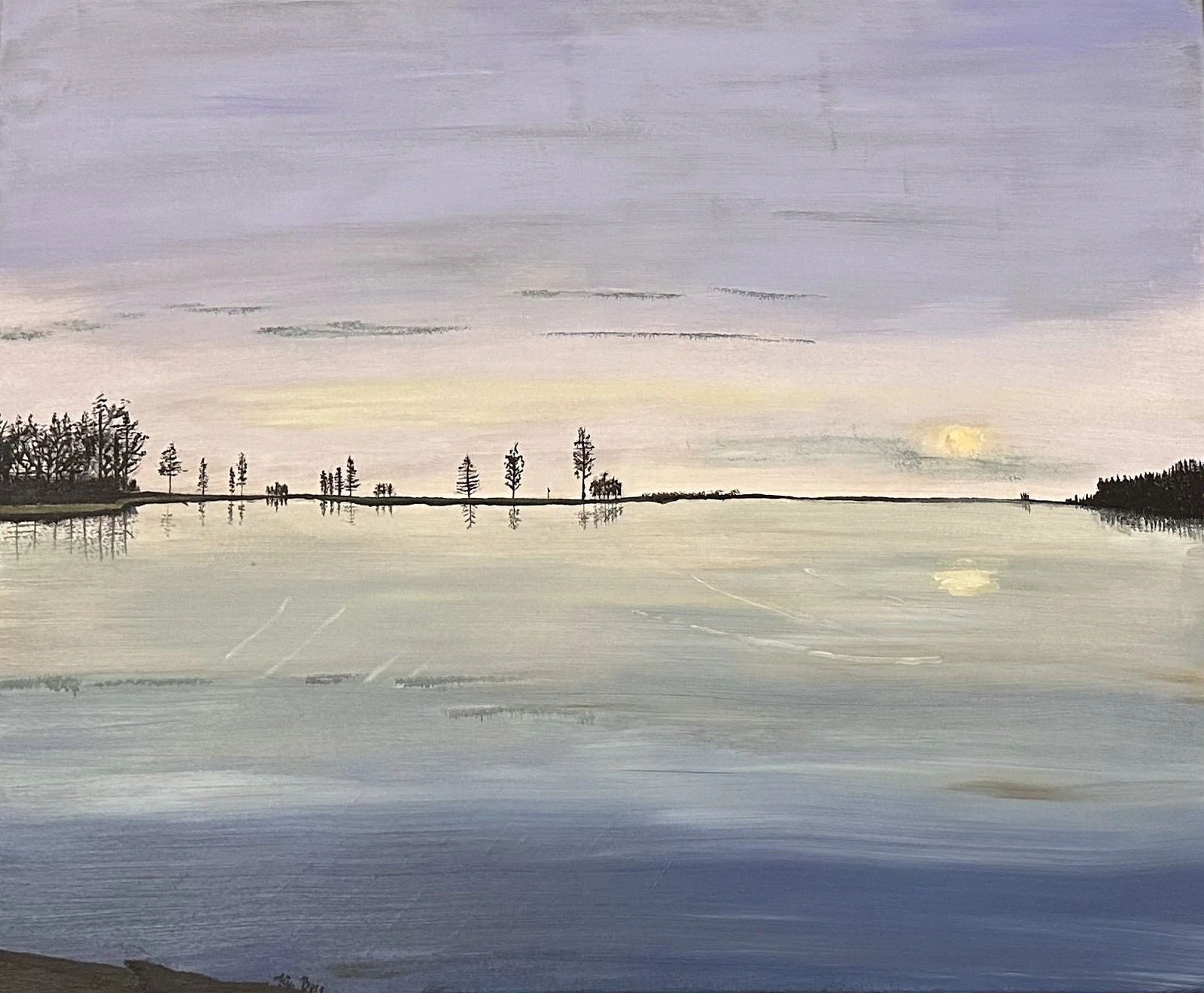 Akrylmålning Kväll vid Månsarudssjön, hål 10 av Kia Berg