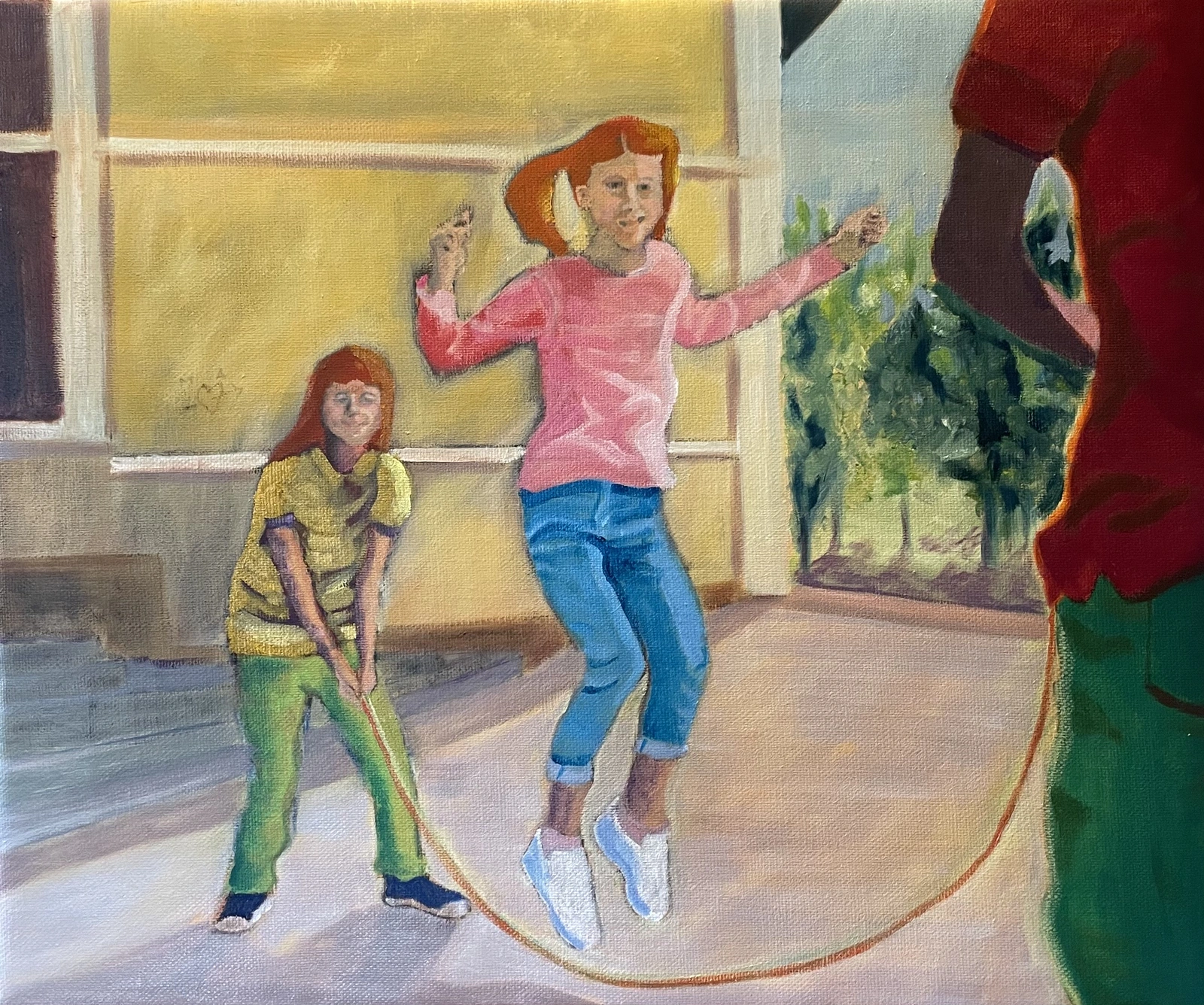 Oljemålning Girls jumping longrope. av Camilla Wolgers