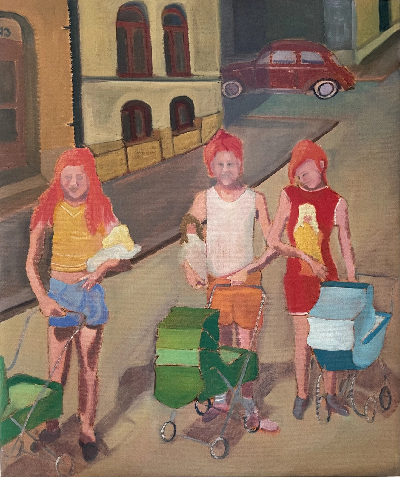 Oljemålning Girls with dolls. av Camilla Wolgers
