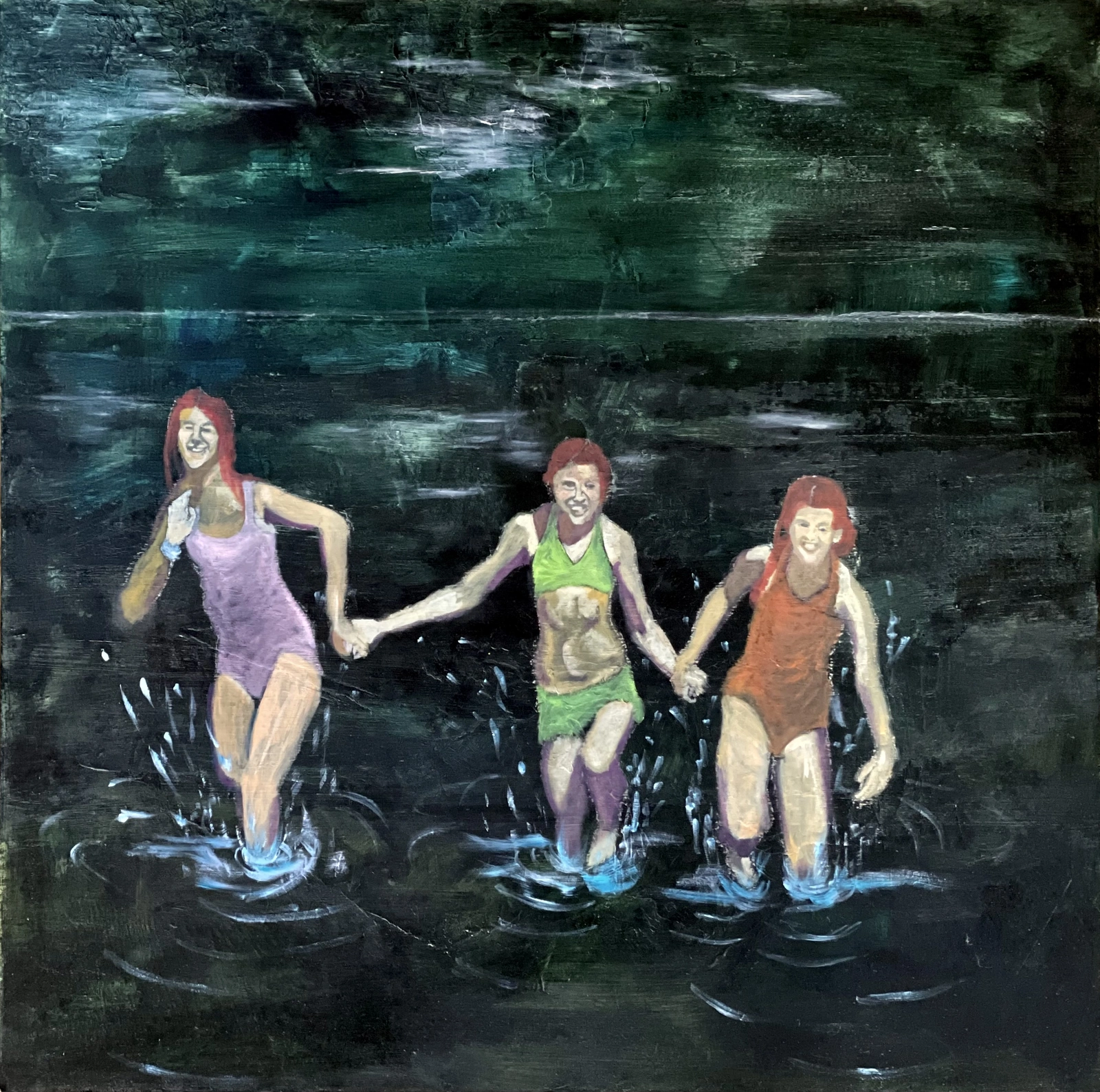 Oljemålning Girls bathing in moonligth. av Camilla Wolgers