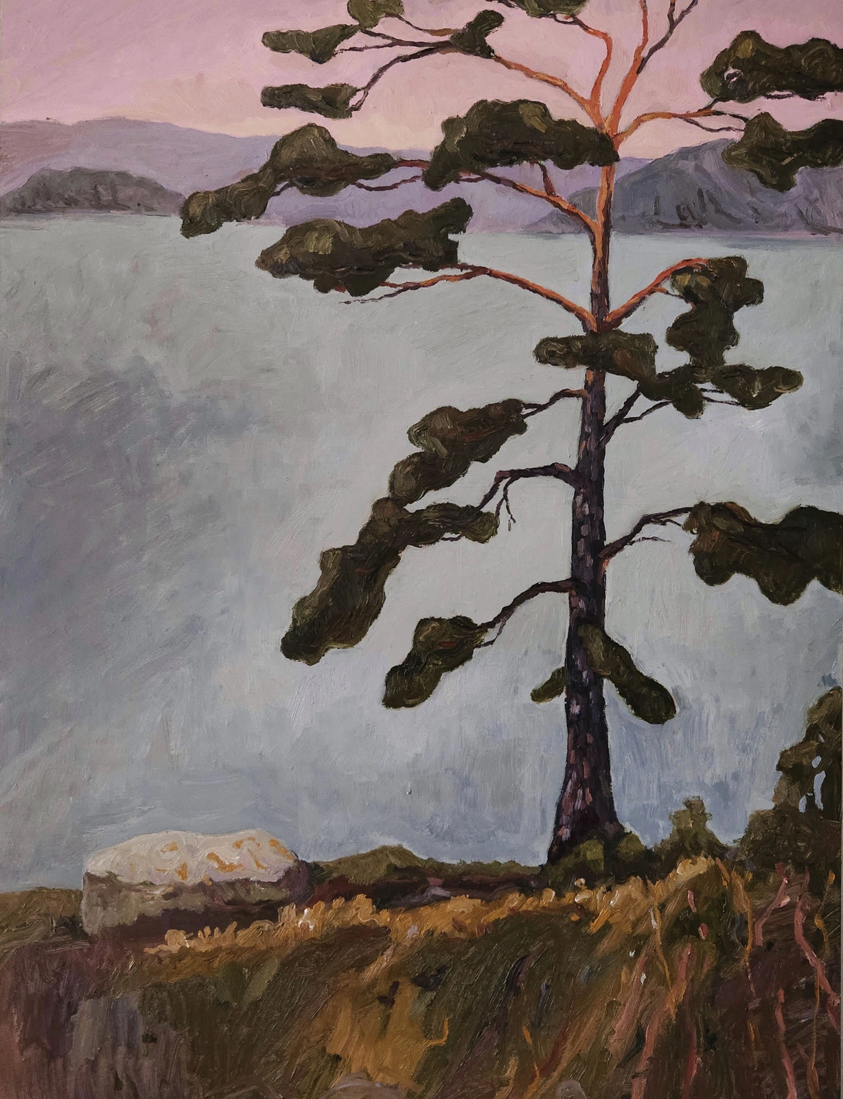 Oljemålning Tallen vid sjön av Tove Rogstad