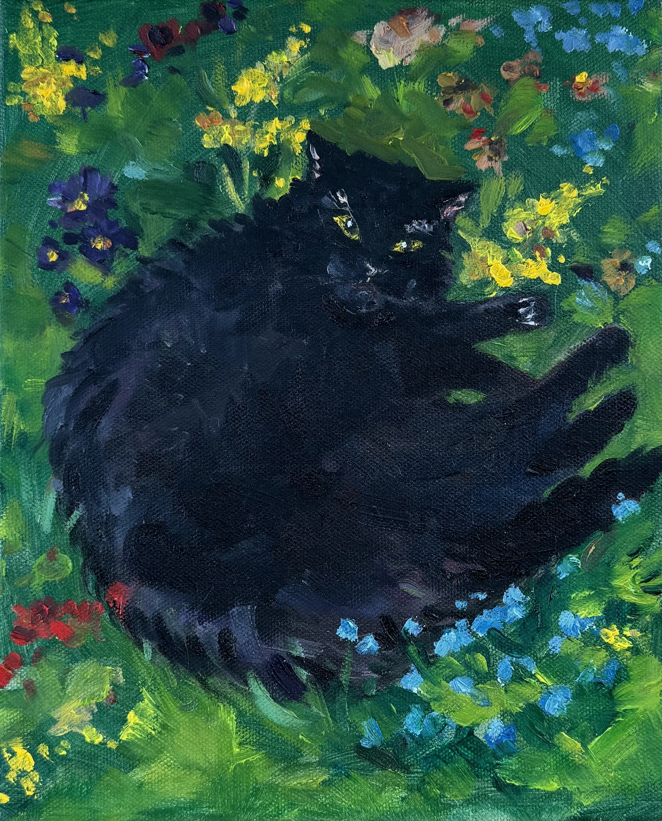 Oljemålning Svart Katt Bland Blommor av Olga Gorbachyova