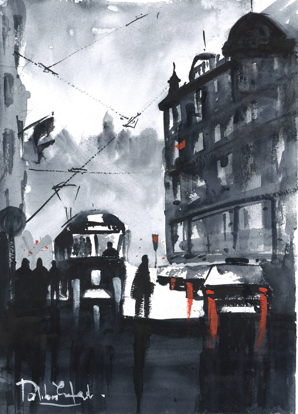 Akvarell Linnégatan 2, monochrome av Emin Fine Art