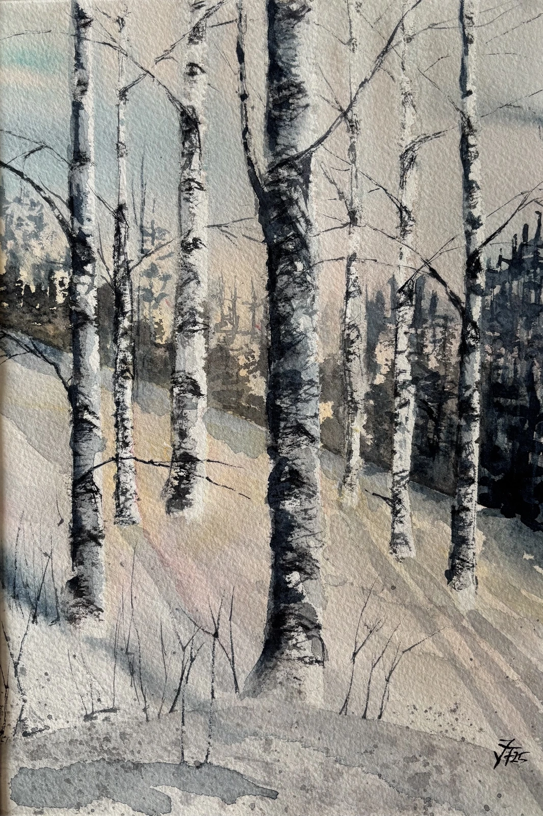Akvarell Between Winter and Spring on Birch Hill av Johanna Tott