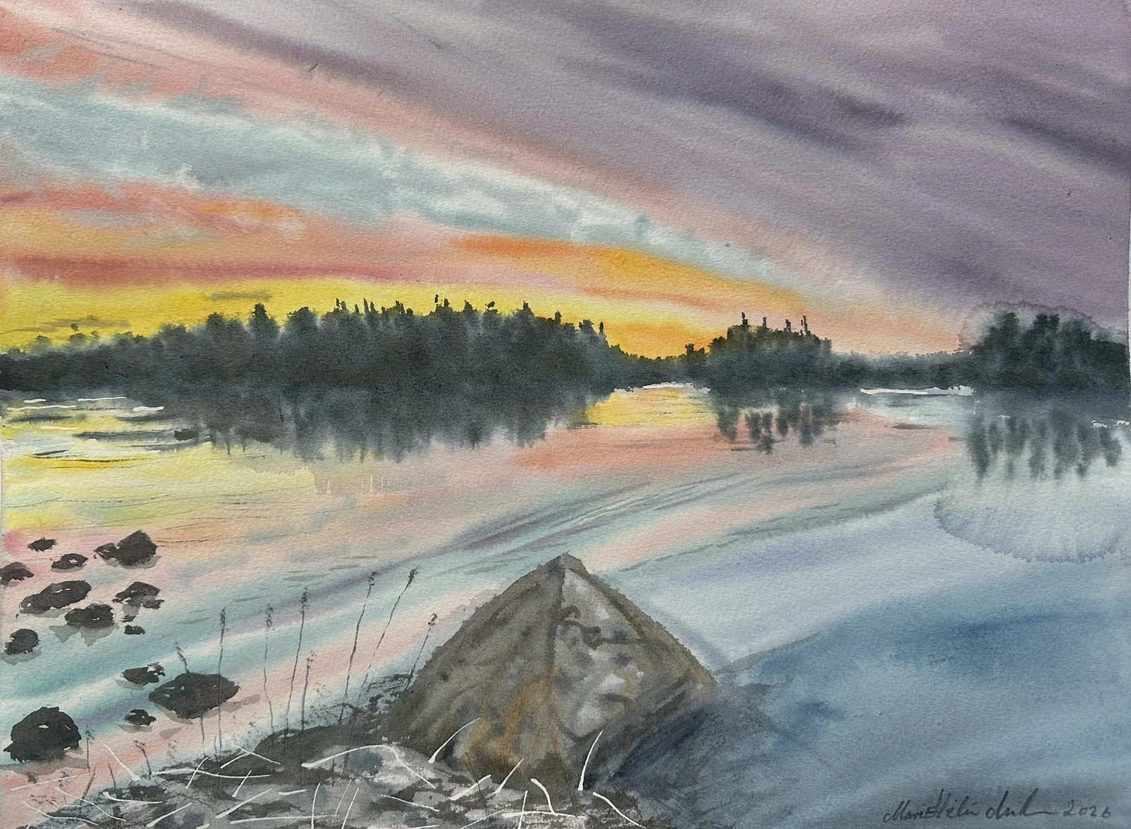 Akvarell Solnedgång i maj av Marie-Helén Andersson