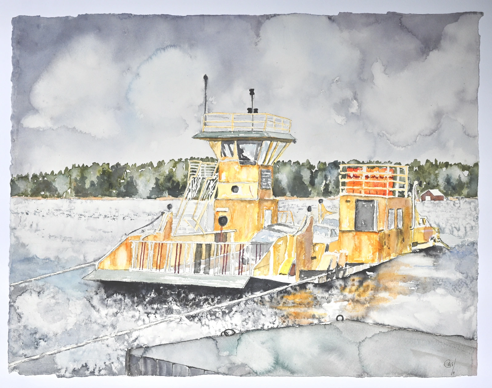 Akvarell Färja till Högmarsö, av Cécile Hansson