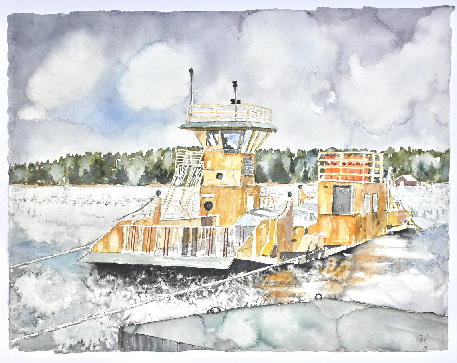 Akvarell Färja till Högmarsö, av Cécile Hansson