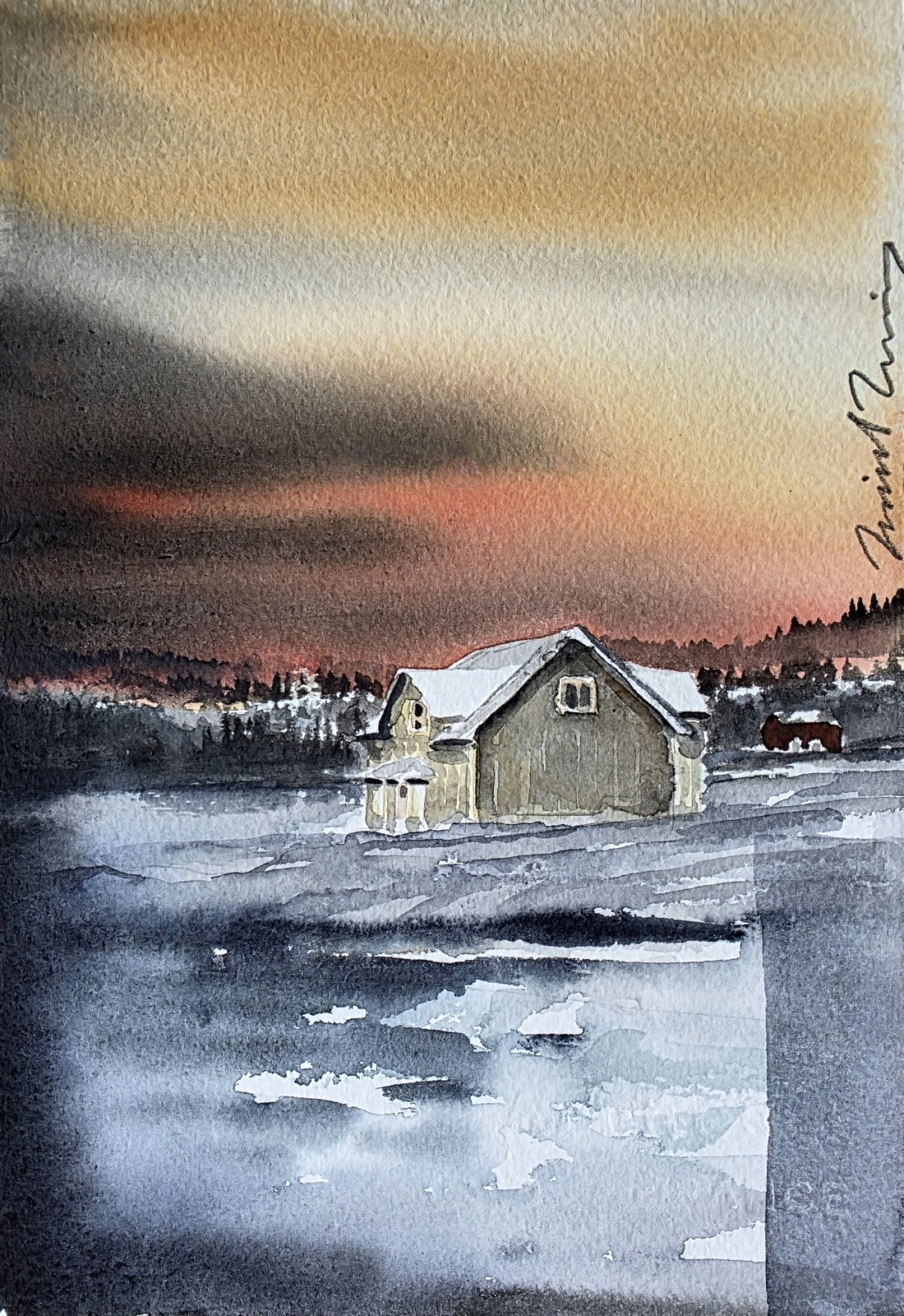 Akvarell Hus i skymning av Daniel Zausnig